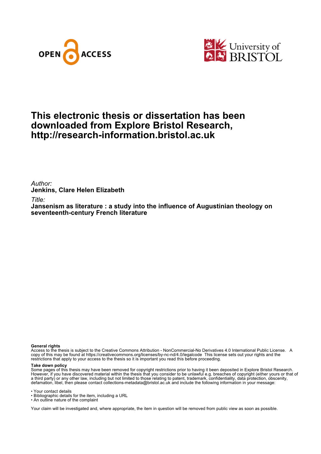 This Electronic Thesis Or Dissertation Has Been Downloaded from Explore Bristol Research