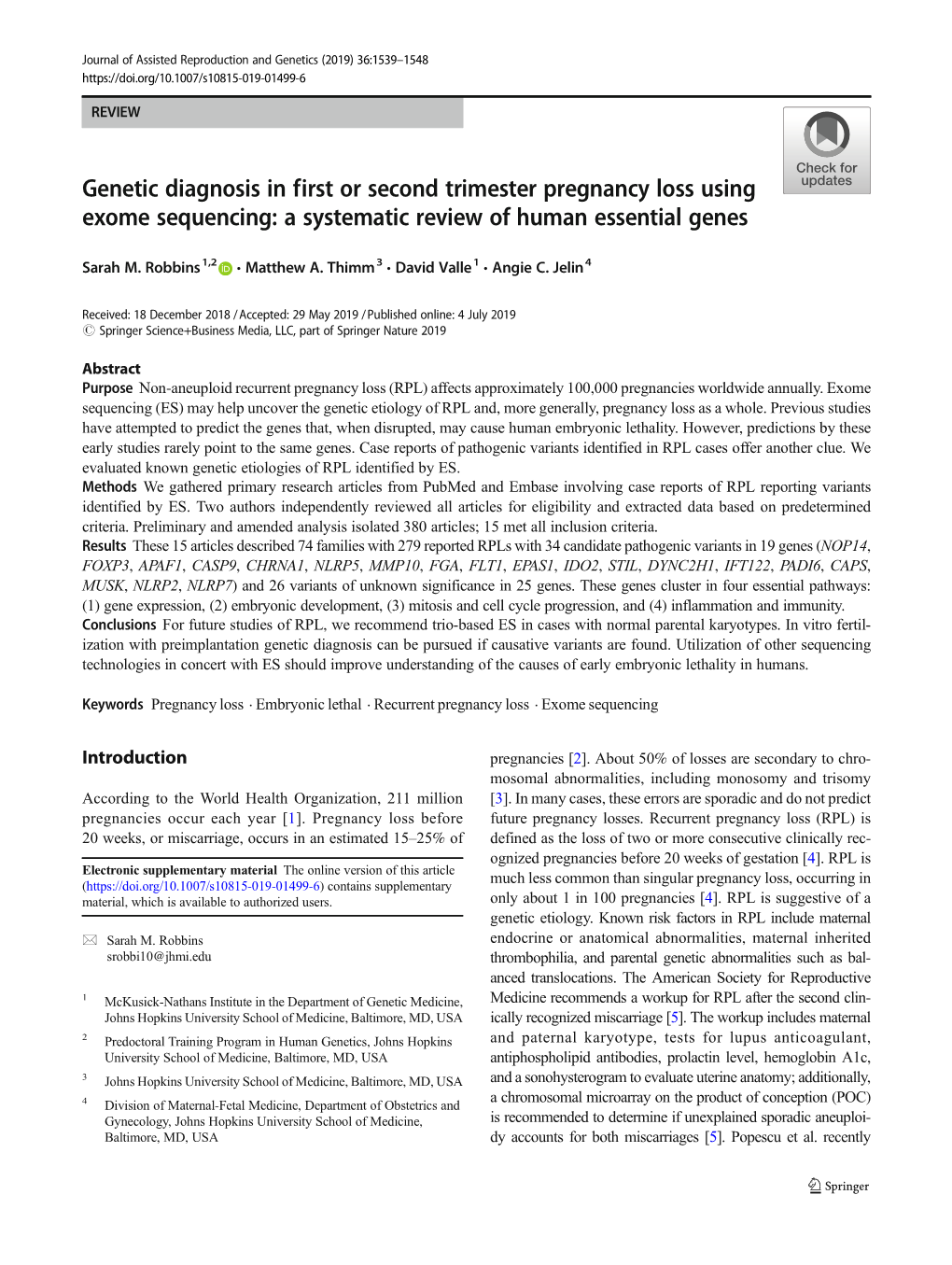 Genetic Diagnosis in First Or Second Trimester Pregnancy Loss Using Exome Sequencing: a Systematic Review of Human Essential Genes