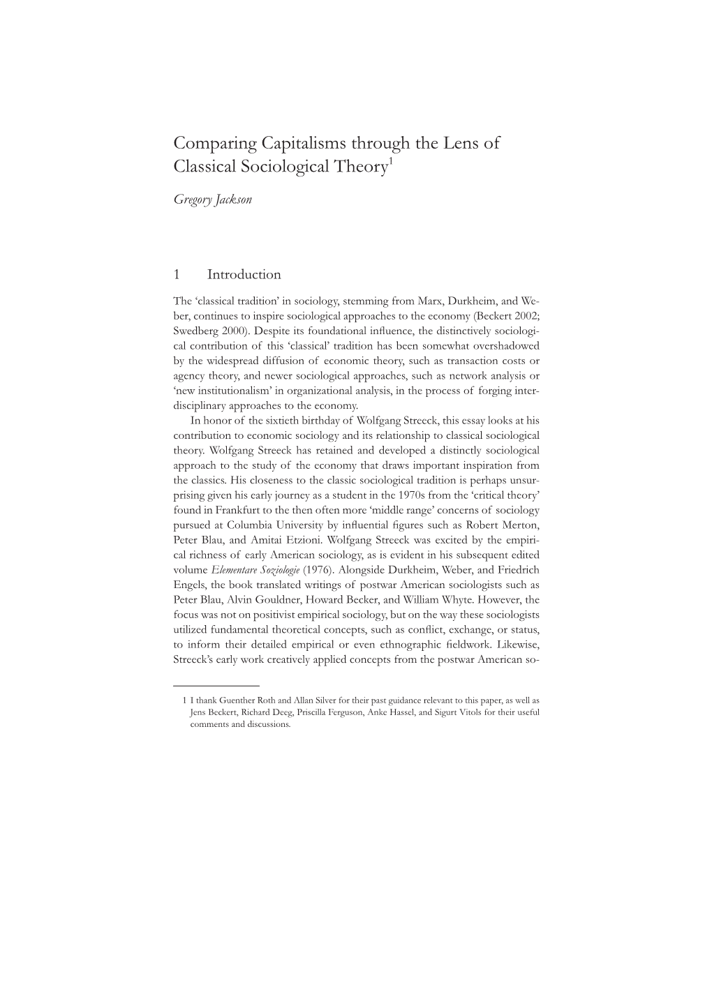 Comparing Capitalisms Through the Lens of Classical Sociological Theory1