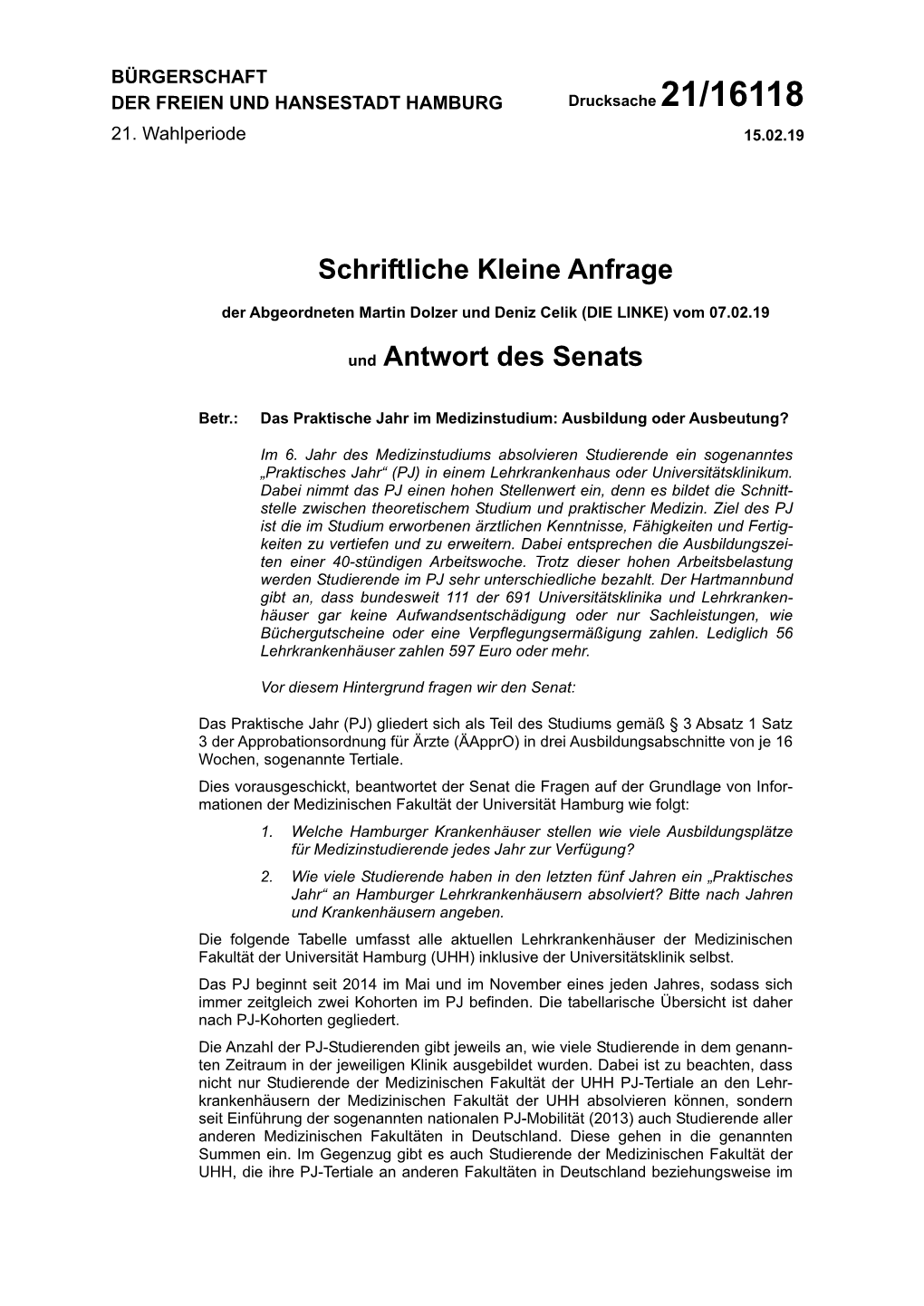 Schriftliche Kleine Anfrage Und Antwort Des Senats