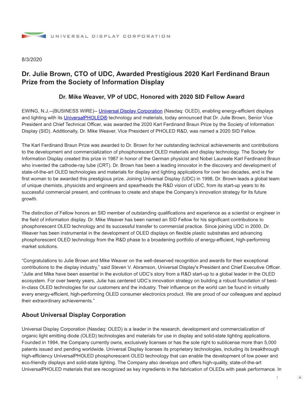 Dr. Julie Brown, CTO of UDC, Awarded Prestigious 2020 Karl Ferdinand Braun Prize from the Society of Information Display