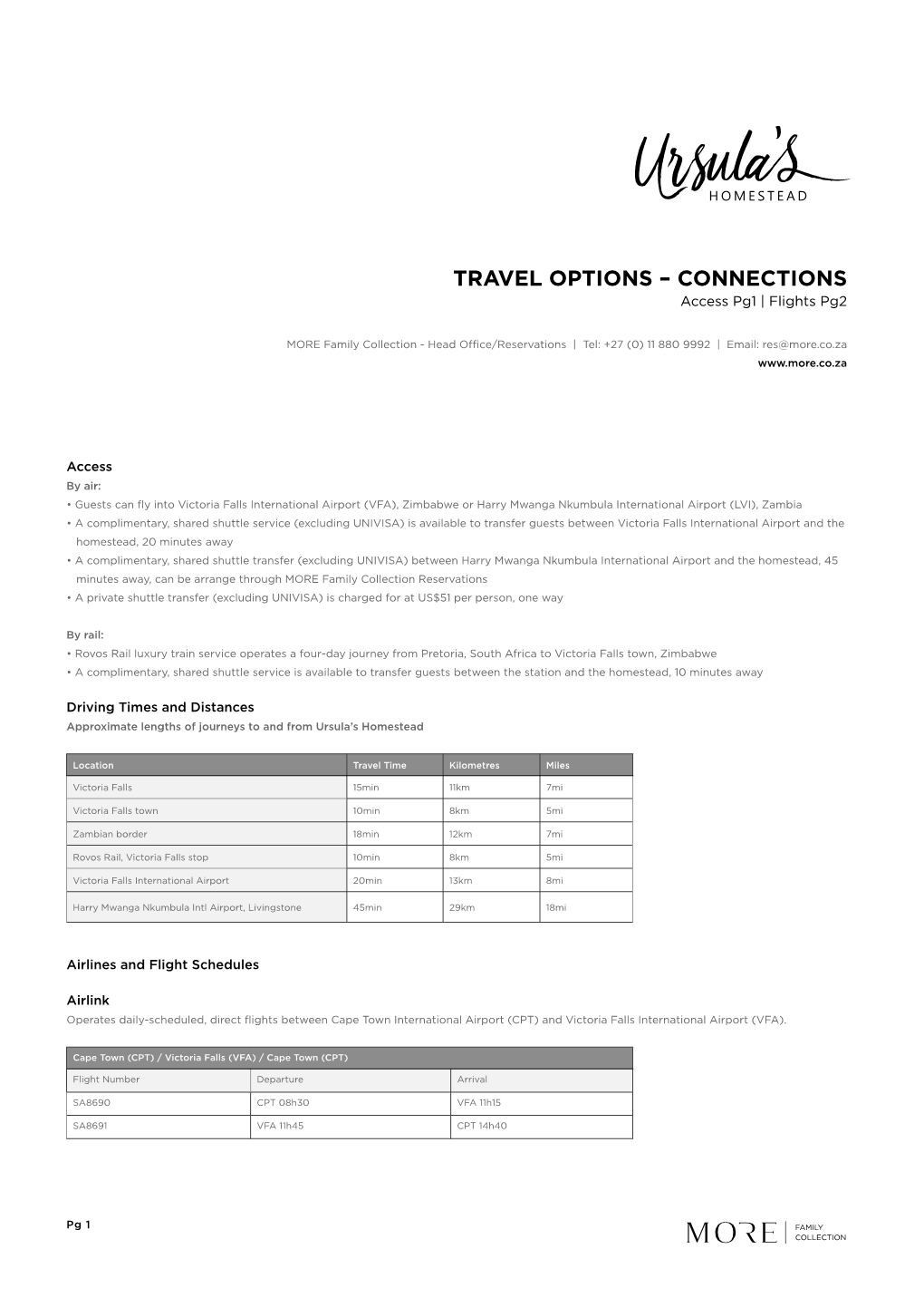 TRAVEL OPTIONS – CONNECTIONS Access Pg1 | Flights Pg2