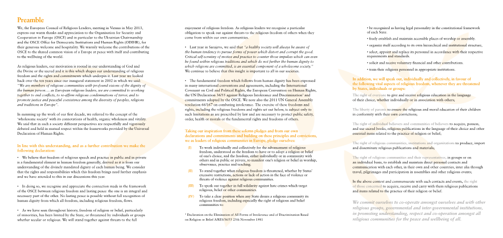 Preamble We, the European Council of Religious Leaders, Meeting in Vienna in May 2013, Enjoyment of Religious Freedom