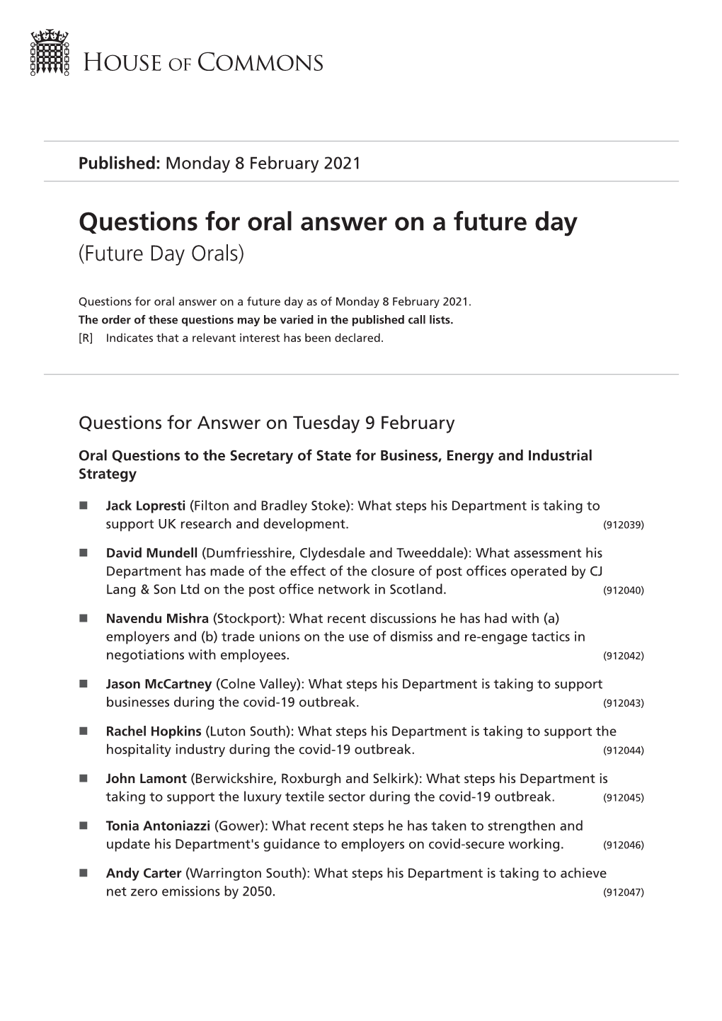 Future Oral Questions As of Mon 8 Feb 2021