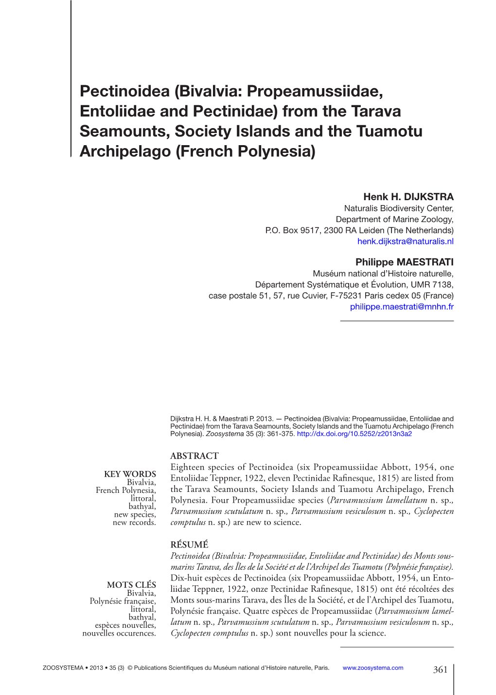 Pectinoidea (Bivalvia: Propeamussiidae, Entoliidae and Pectinidae) from the Tarava Seamounts, Society Islands and the Tuamotu Archipelago (French Polynesia)