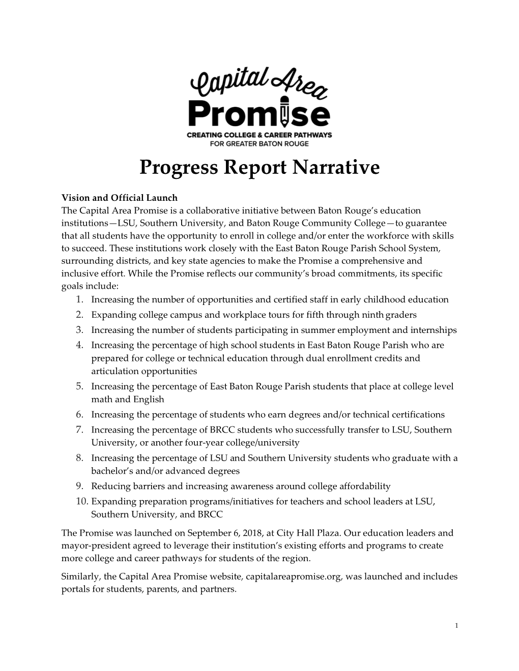 Capital Area Promise Progress Report Narrative