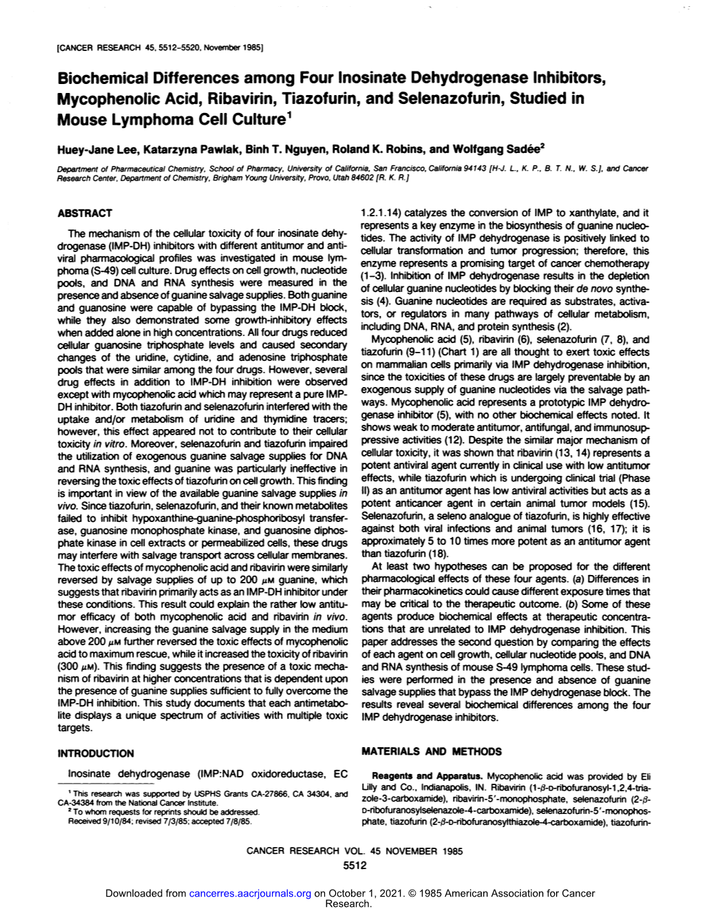 Biochemical Differences Among Four Inosinate Dehydrogenase Inhibitors