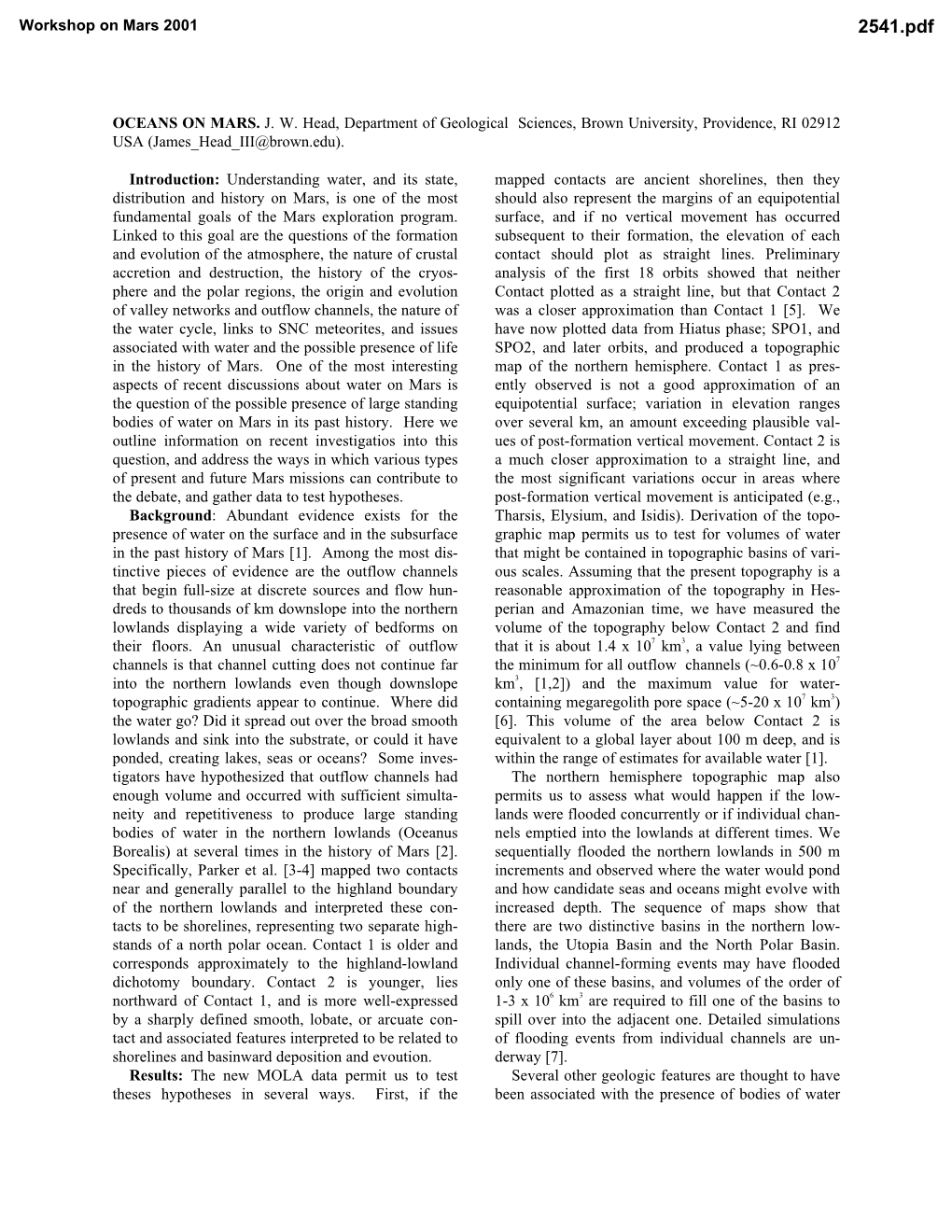 OCEANS on MARS. J. W. Head, Department of Geological Sciences, Brown University, Providence, RI 02912 USA (James Head III@Brown.Edu)