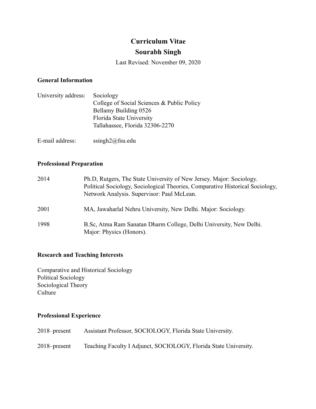 Curriculum Vitae Sourabh Singh Last Revised: November 09, 2020