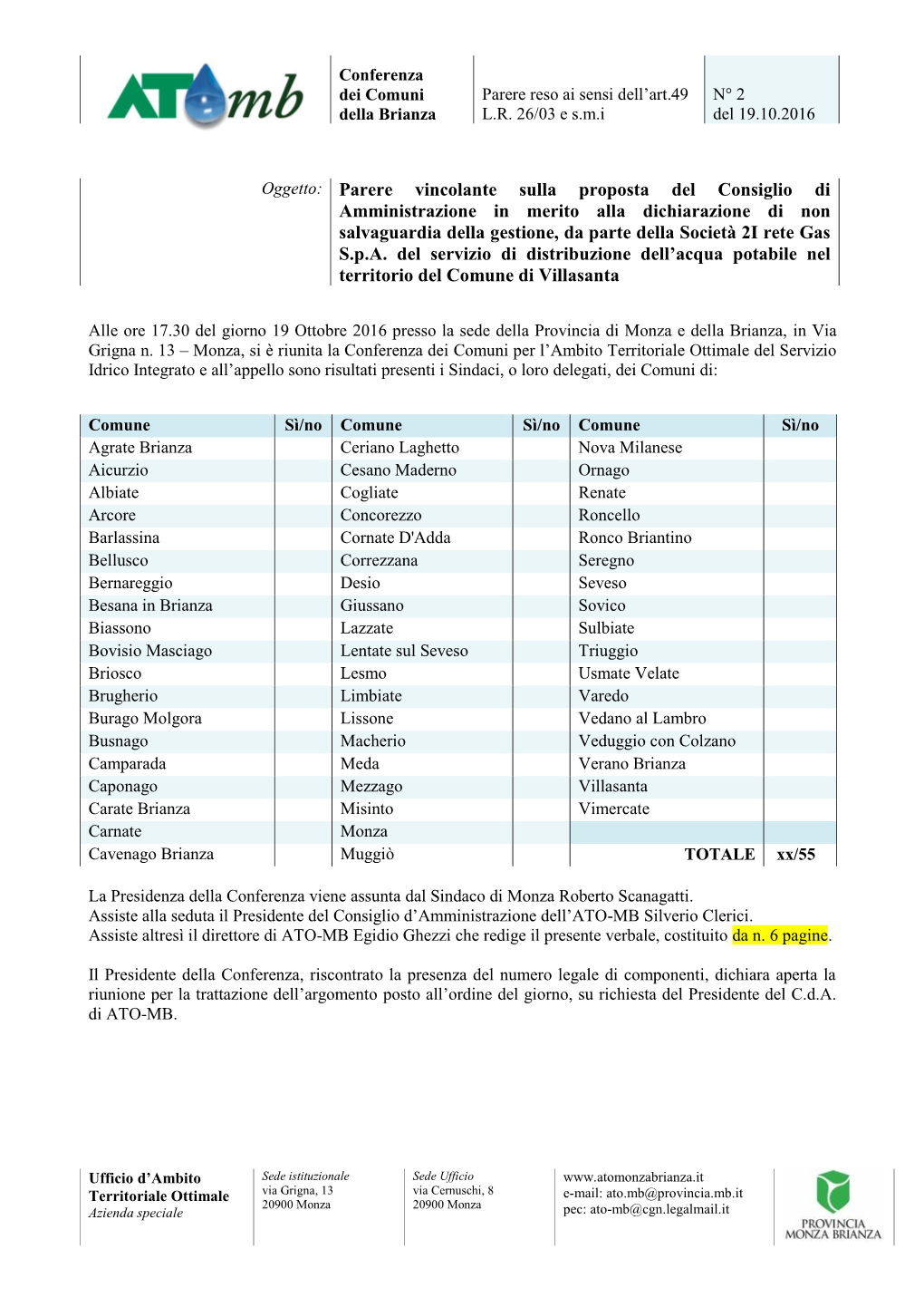 Parere Vincolante Sulla Proposta Del Consiglio Di Amministrazione in Merito Alla Dichiarazione Di Non Salvaguardia Dell