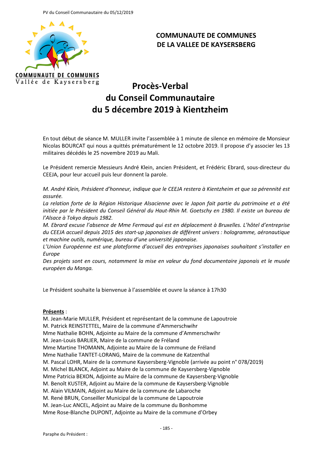 Procès-Verbal Du Conseil Communautaire Du 5 Décembre 2019 À Kientzheim