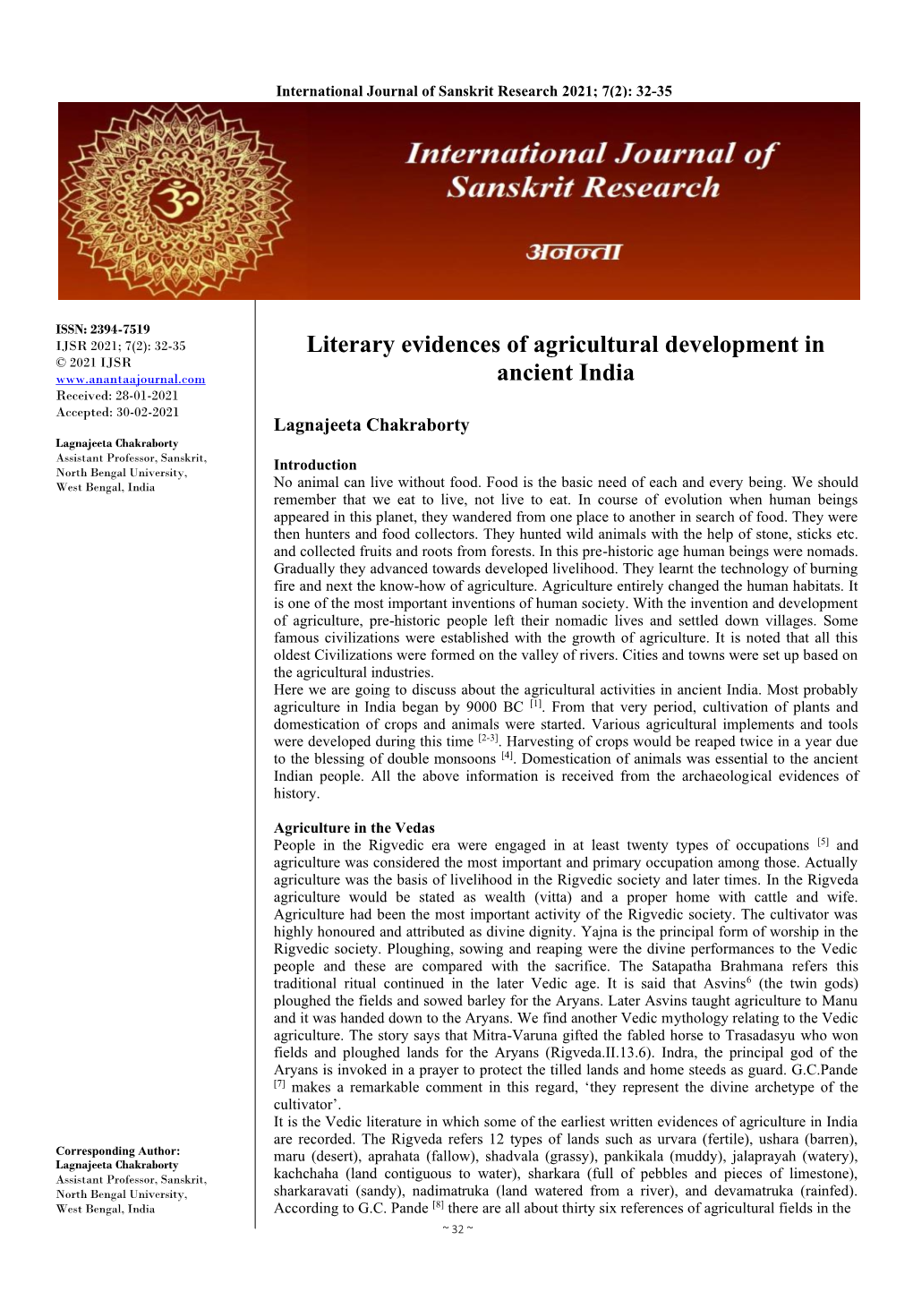 Literary Evidences of Agricultural Development in Ancient India