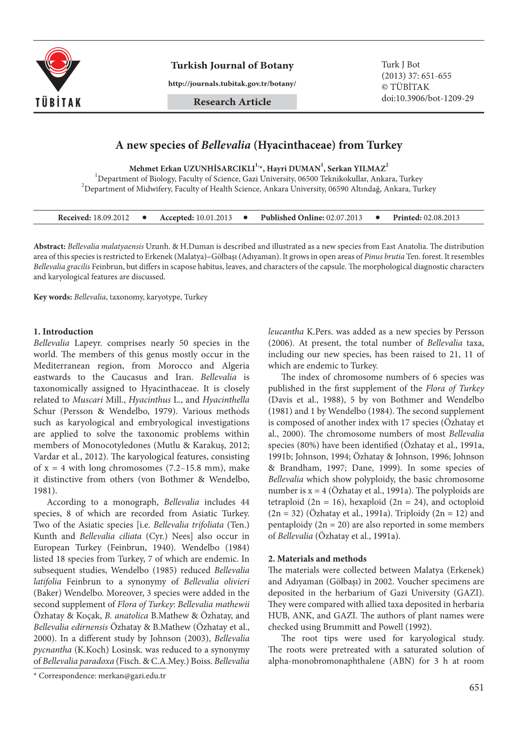 A New Species of Bellevalia (Hyacinthaceae) from Turkey