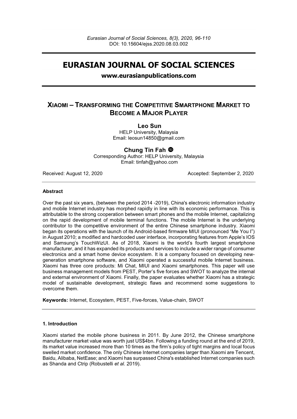 Eurasian Journal of Social Sciences, 8(3), 2020, 96-110 DOI: 10.15604/Ejss.2020.08.03.002