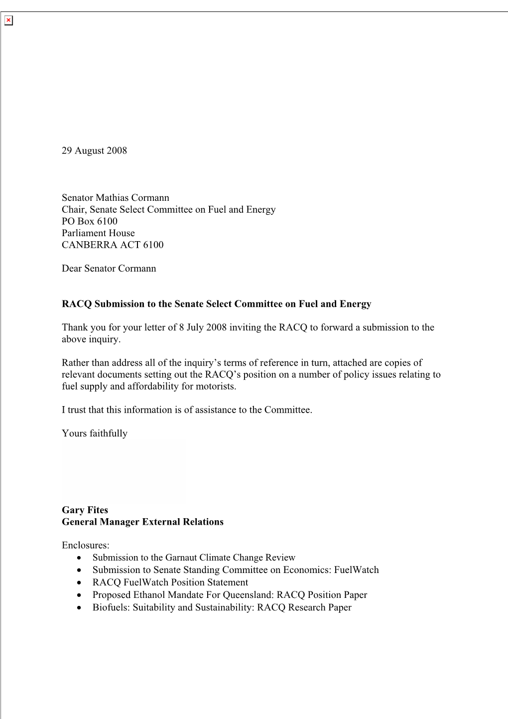 Submission to the Senate Select Committee on Fuel and Energy