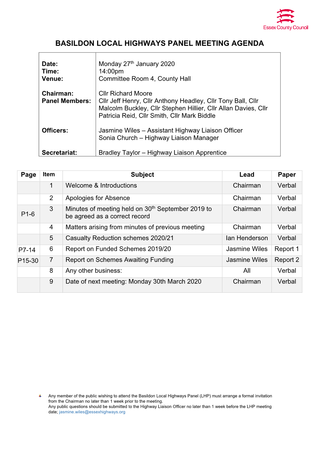 Basildon Local Highways Panel Meeting Agenda