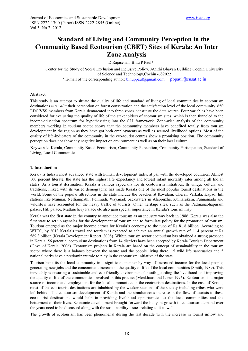 (CBET) Sites of Kerala: an Inter Zone Analysis