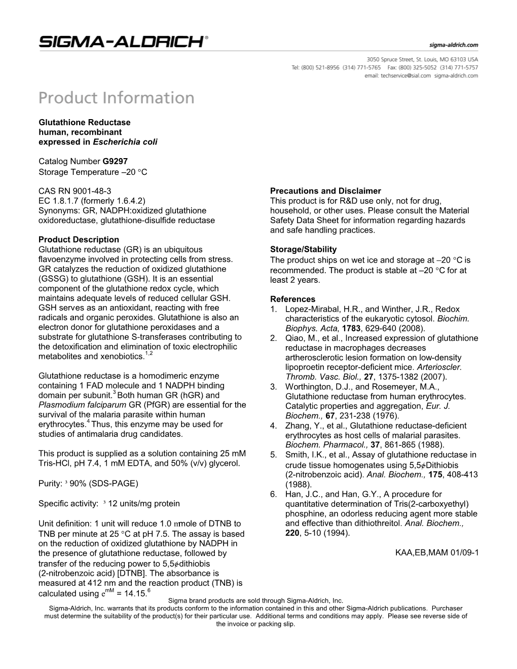 Glutathione Reductase Human, Recombinant Expressed in Escherichia Coli