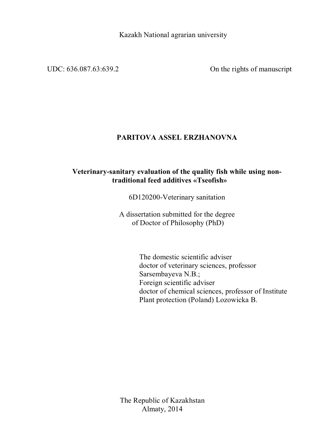636.087.63:639.2 on the Rights of Manuscript PARITOVA ASSEL