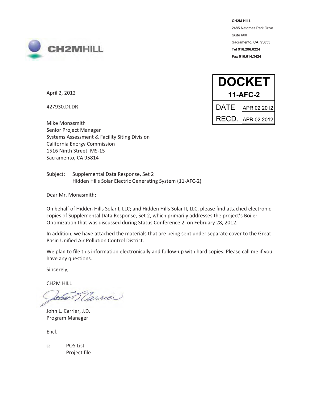 DOCKET April�2,�2012� 11-AFC- � 2 427930.DI.DR� DATE APR 02 2012 � RECD