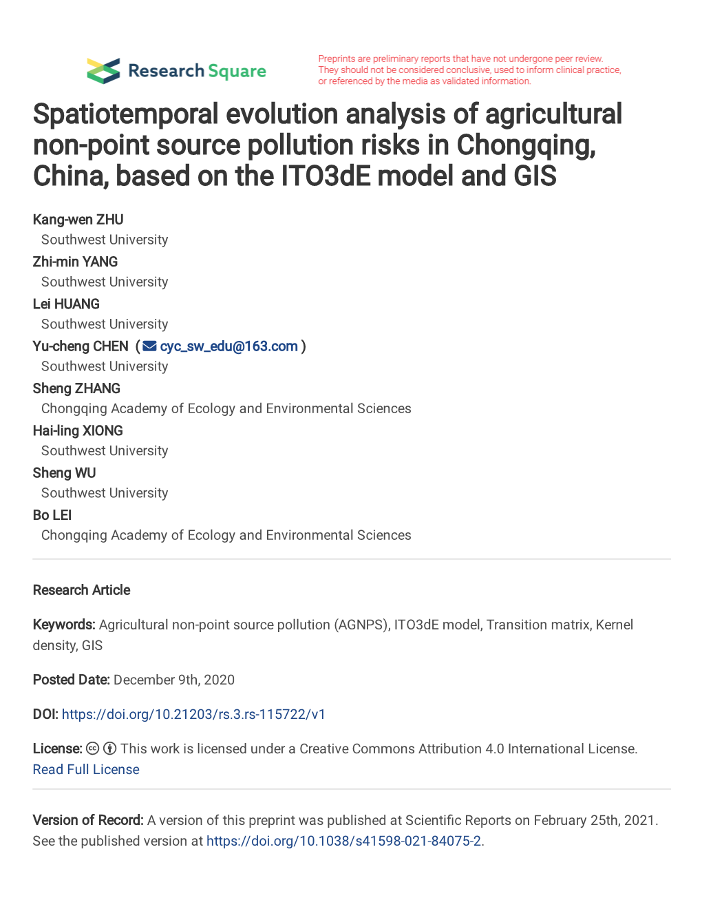 Spatiotemporal Evolution Analysis of Agricultural Non-Point Source Pollution Risks in Chongqing, China, Based on the Ito3de Model and GIS