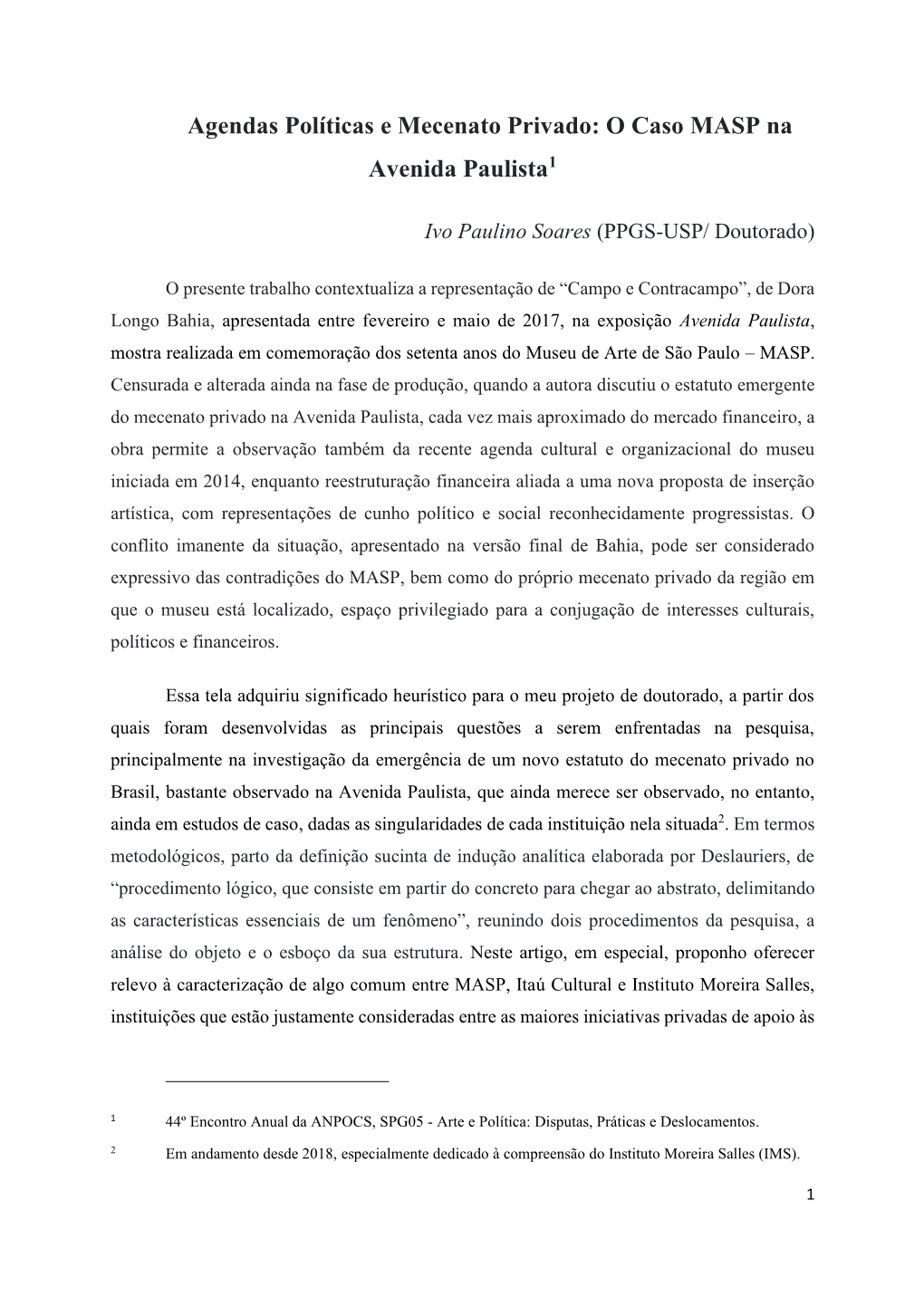 Agendas Políticas E Mecenato Privado: O Caso MASP Na Avenida Paulista1