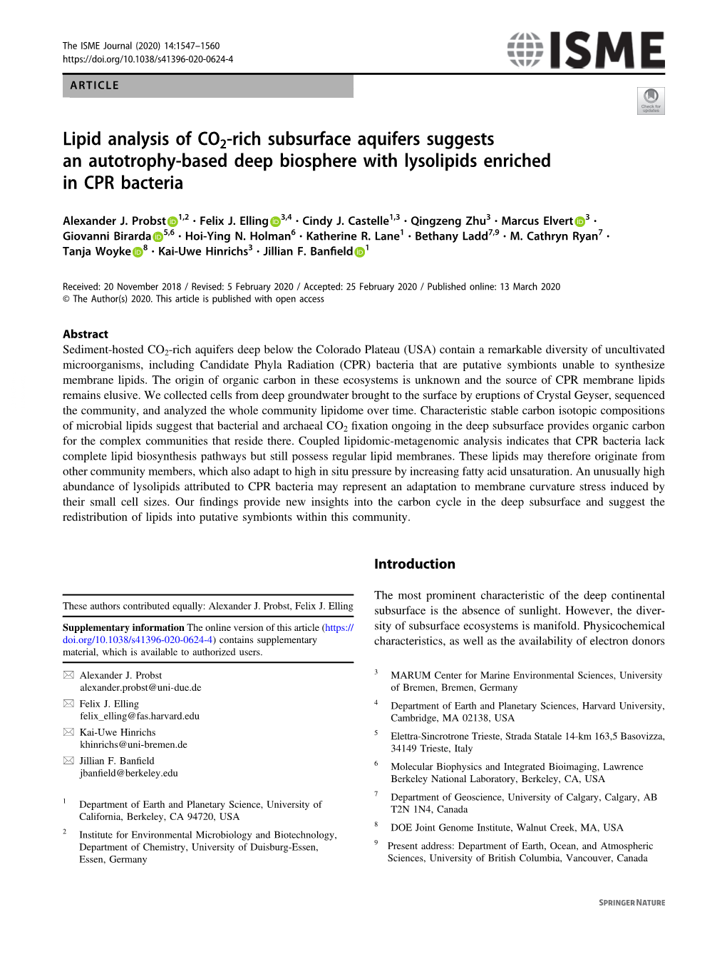 Lipid Analysis of CO2-Rich Subsurface Aquifers Suggests an Autotrophy-Based Deep Biosphere with Lysolipids Enriched in CPR Bacteria