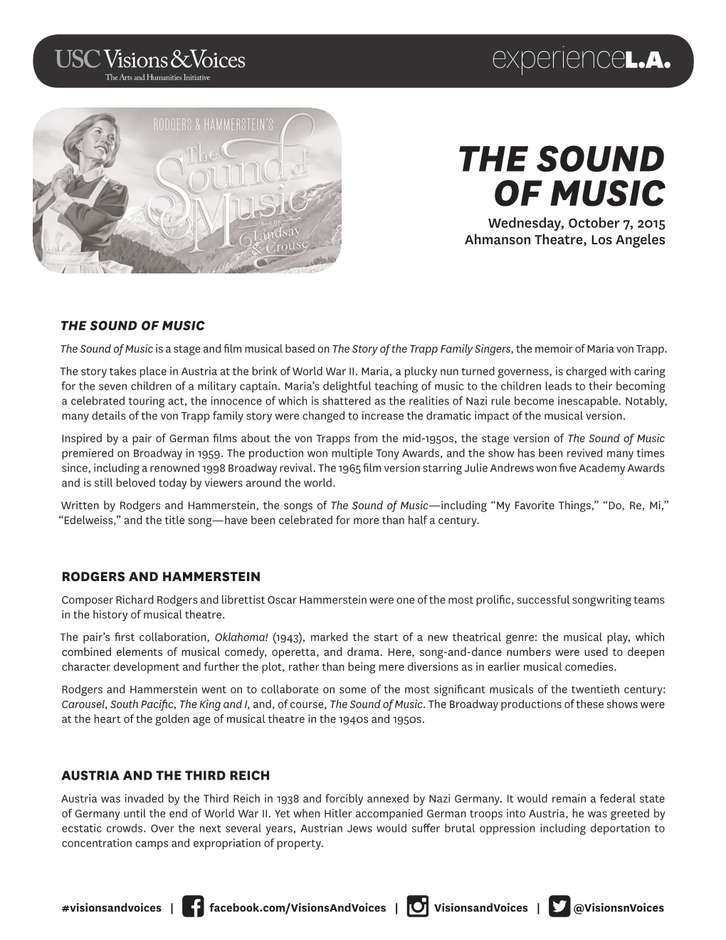 THE SOUND of MUSIC Wednesday, October 7, 2015 Ahmanson Theatre, Los Angeles