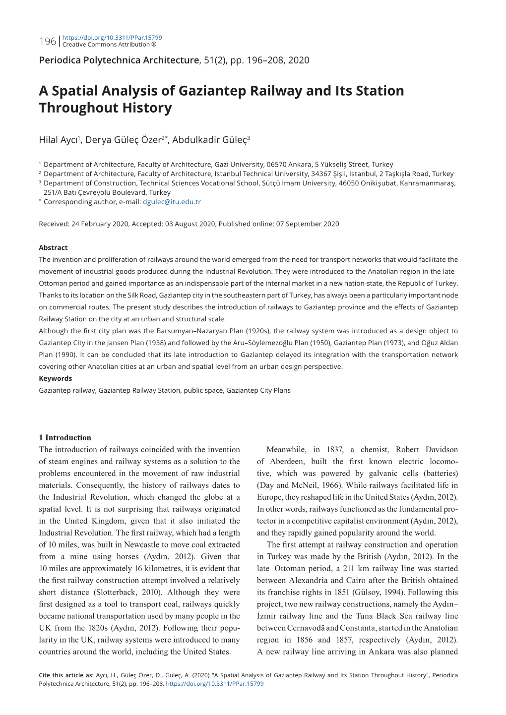 A Spatial Analysis of Gaziantep Railway and Its Station Throughout History