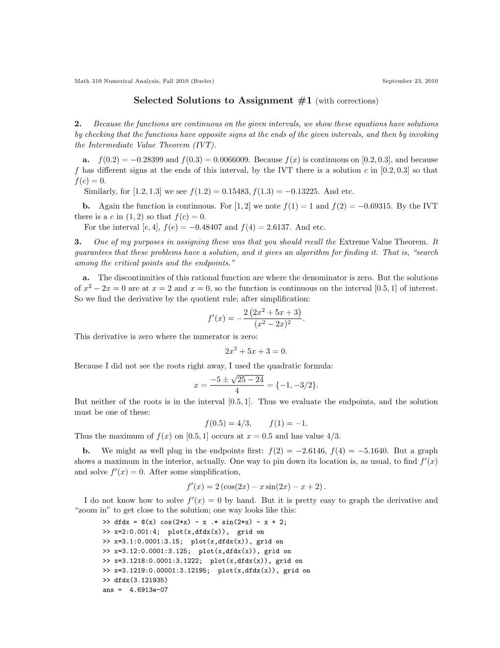 Selected Solutions to Assignment #1 (With Corrections)