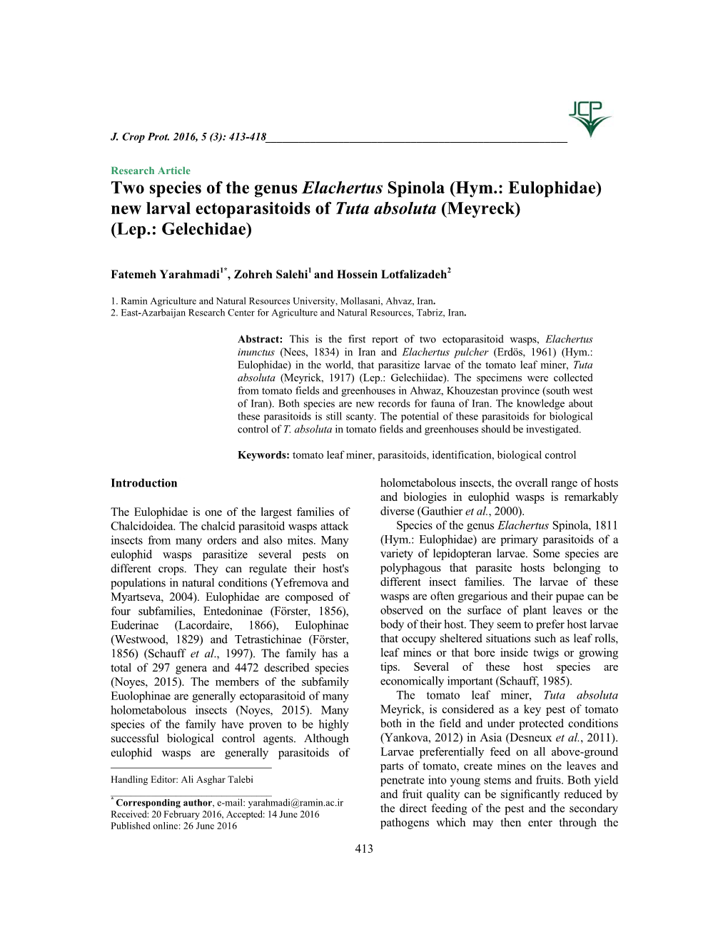 Hym.: Eulophidae) New Larval Ectoparasitoids of Tuta Absoluta (Meyreck) (Lep.: Gelechidae)