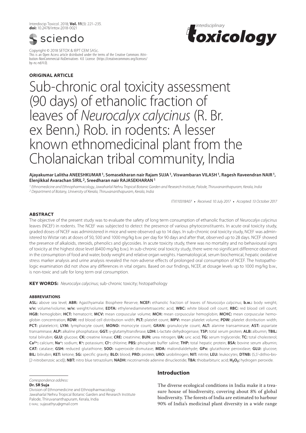 Sub-Chronic Oral Toxicity Assessment (90 Days) of Ethanolic Fraction of Leaves of Neurocalyx Calycinus (R