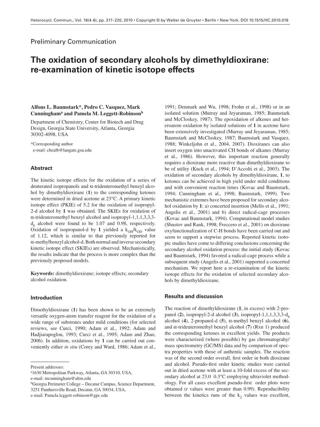 The Oxidation of Secondary Alcohols by Dimethyldioxirane: Re-Examination of Kinetic Isotope Effects