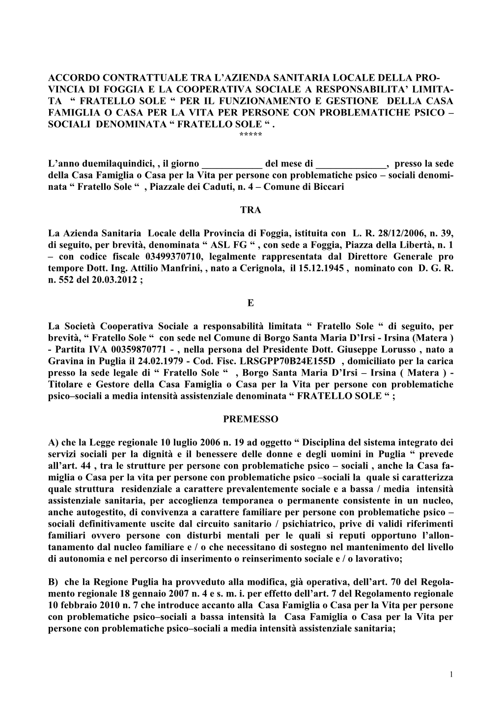 Convenzione Tra Il Comune Di Biccari E L'azienda