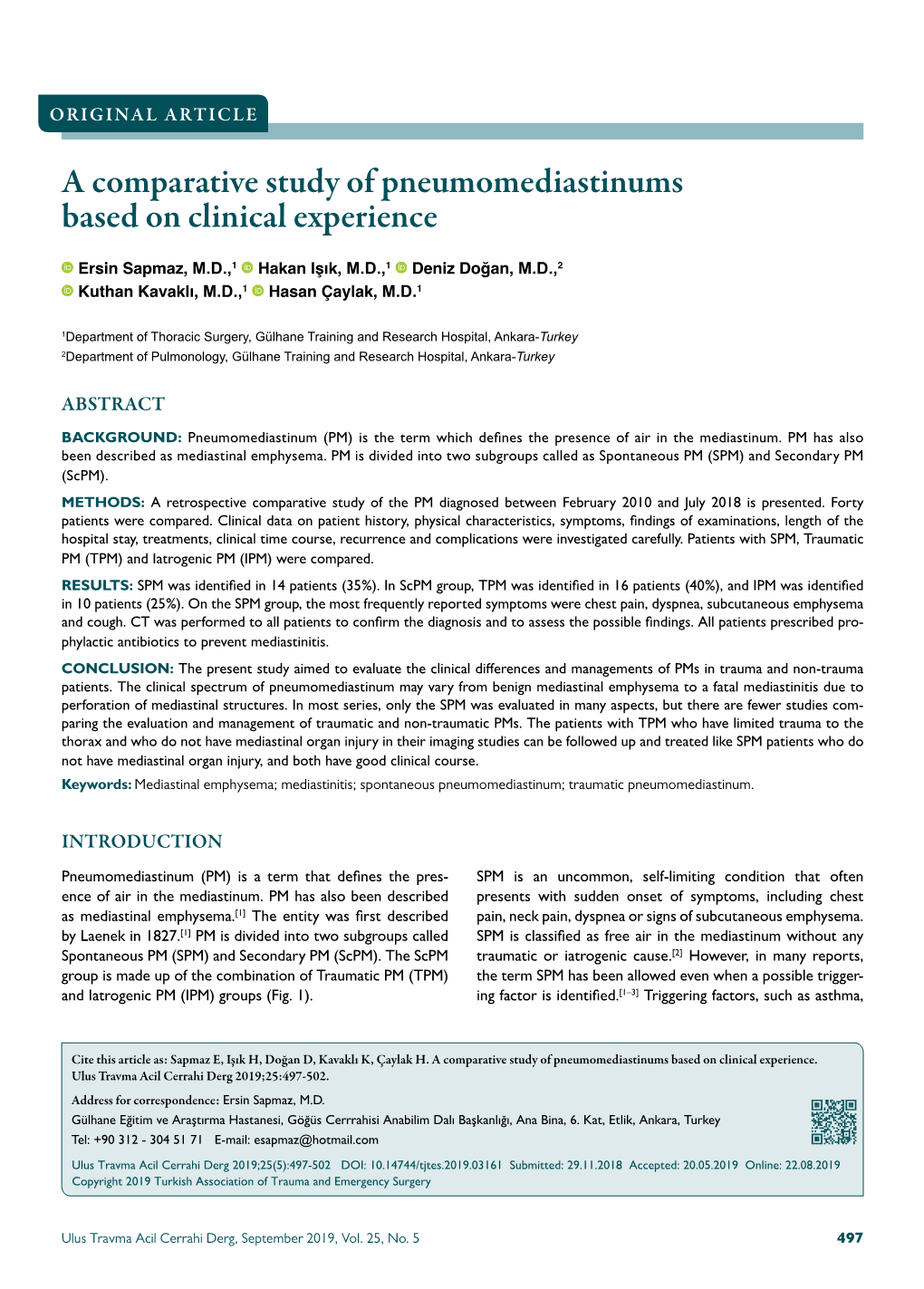 A Comparative Study of Pneumomediastinums Based on Clinical Experience