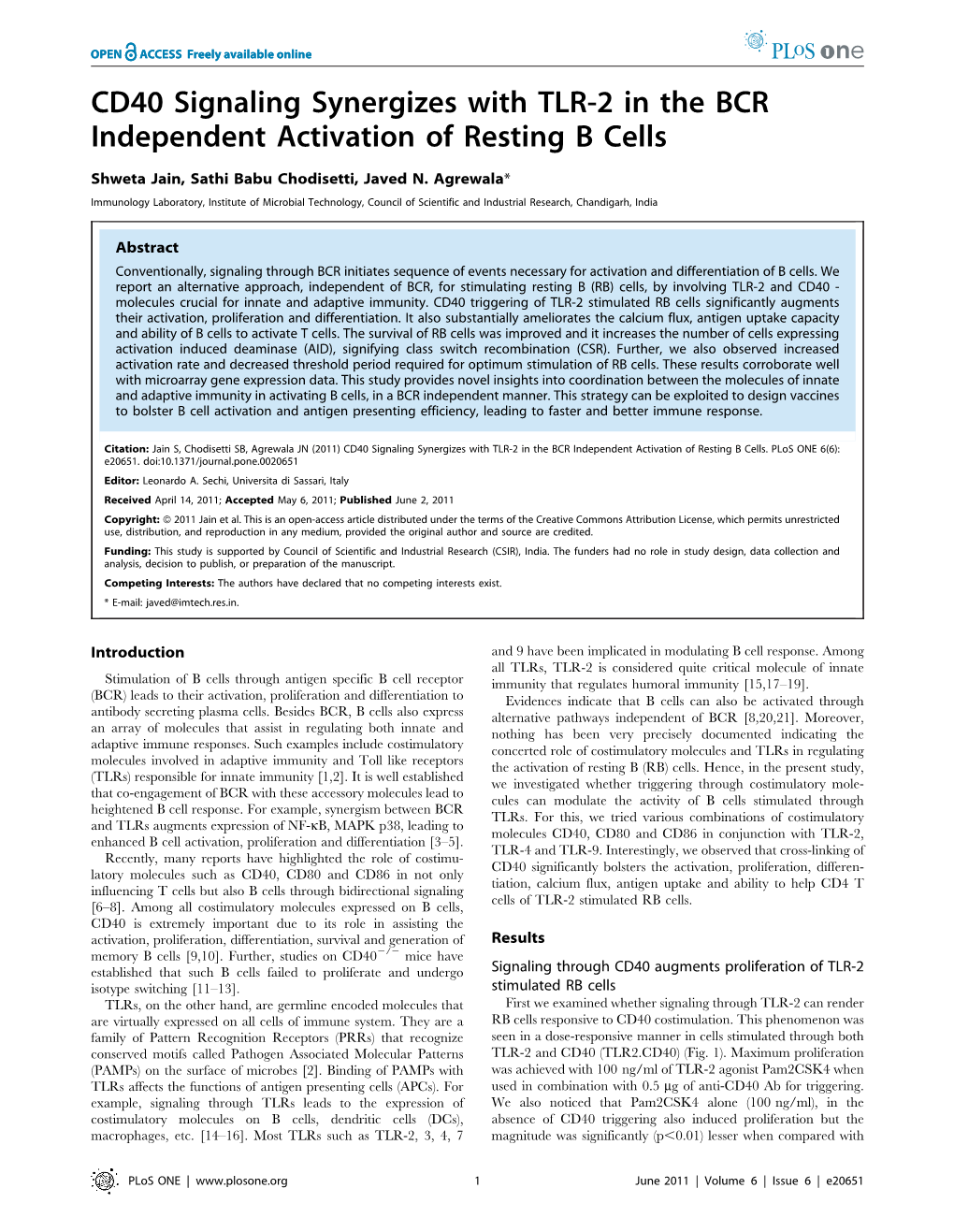 CD40 Signaling Synergizes with TLR-2 in the BCR Independent Activation of Resting B Cells