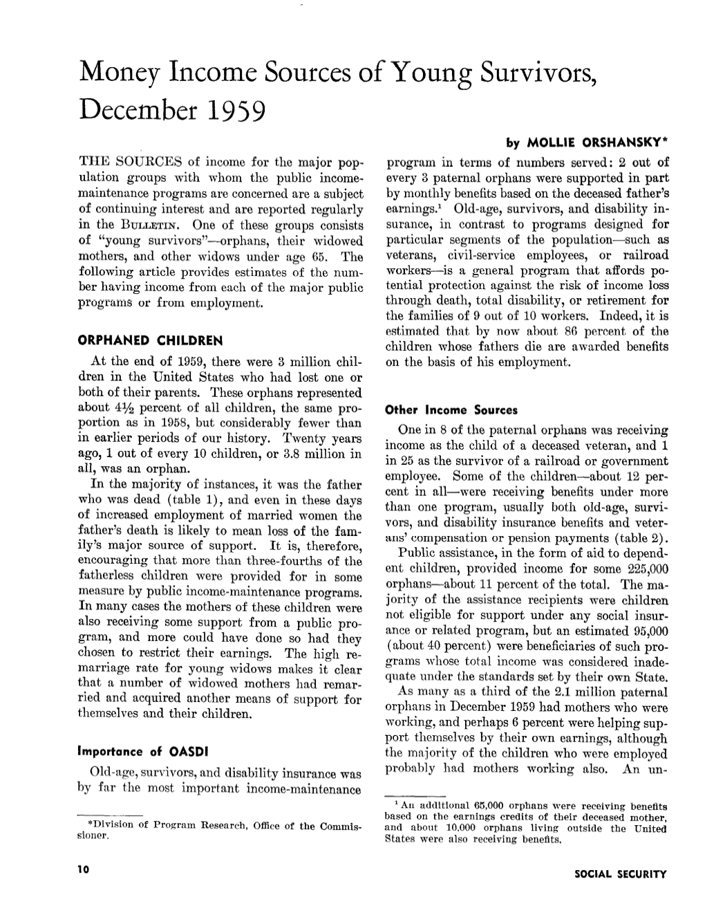 Money Income Sources of Young Survivors, December 1959