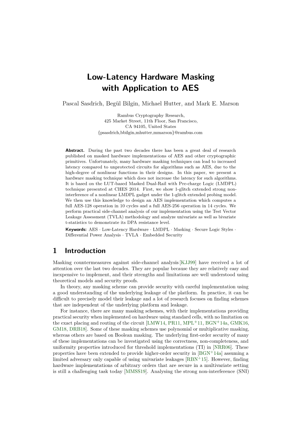 Low-Latency Hardware Masking with Application to AES