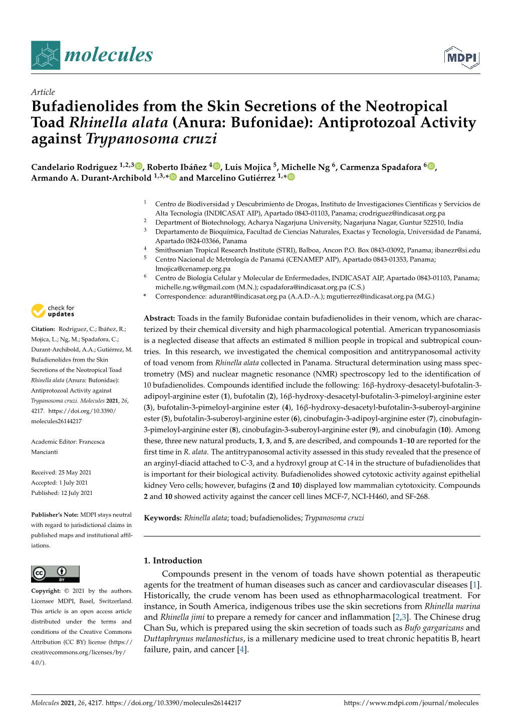 Bufadienolides from the Skin Secretions of the Neotropical Toad Rhinella Alata (Anura: Bufonidae): Antiprotozoal Activity Against Trypanosoma Cruzi