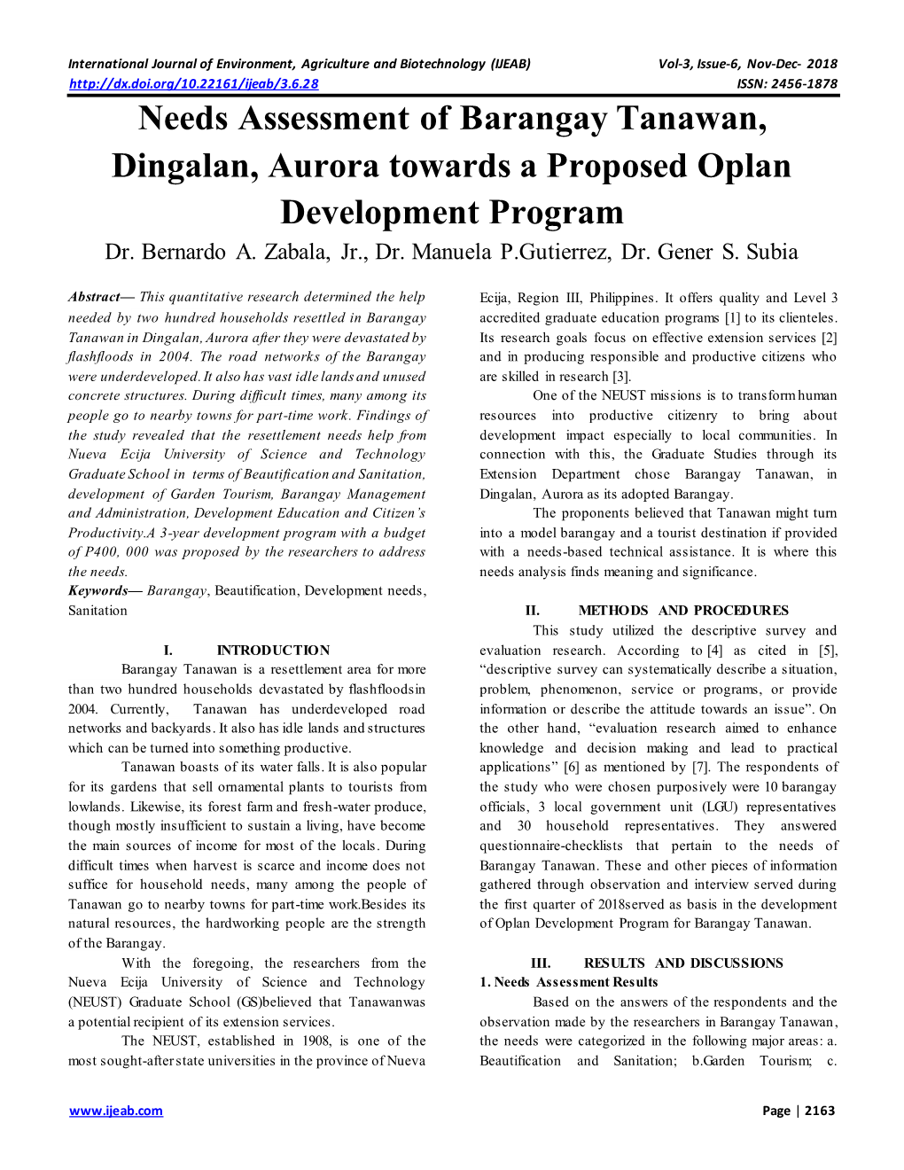 Needs Assessment of Barangay Tanawan, Dingalan, Aurora Towards a Proposed Oplan Development Program Dr