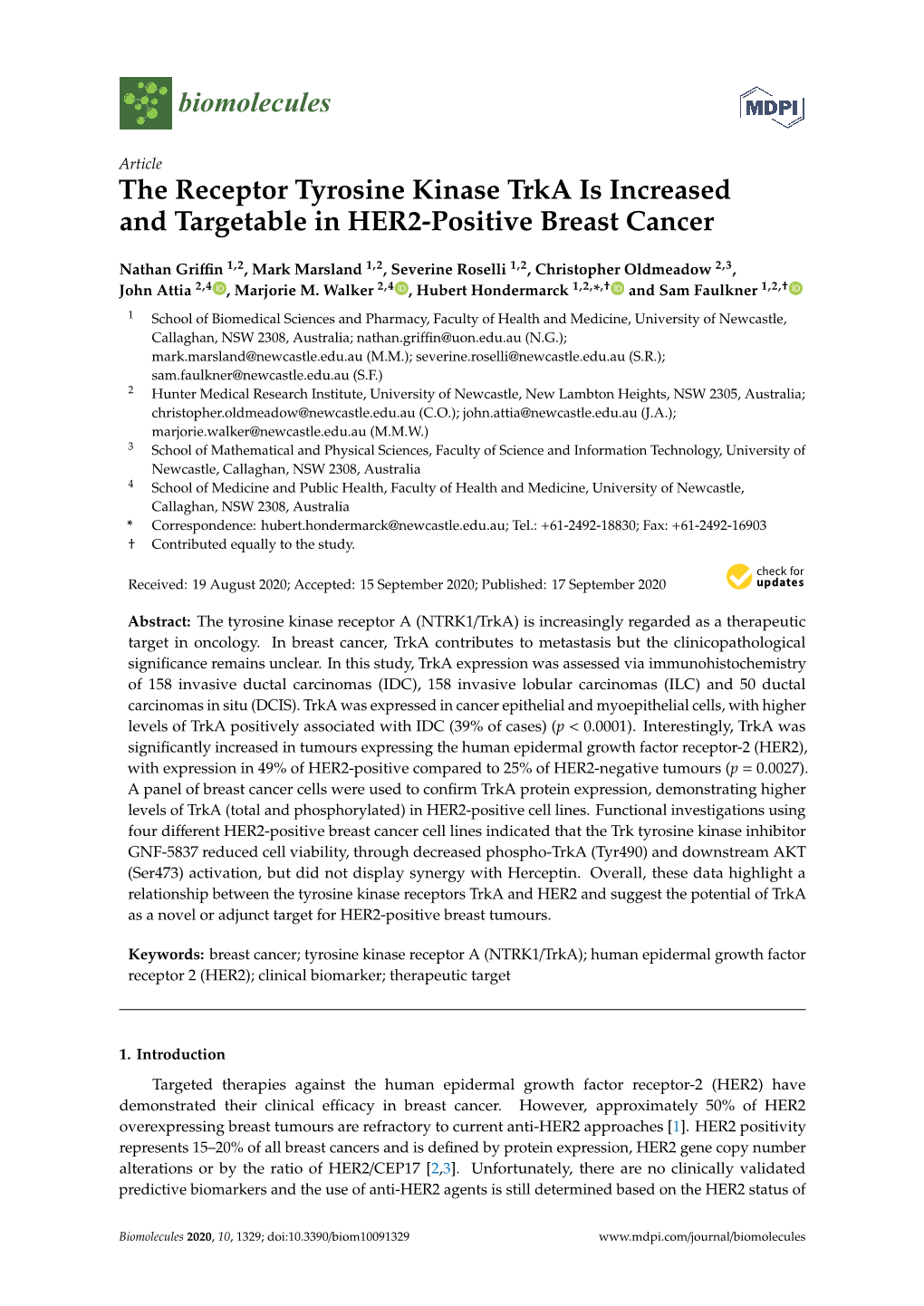 The Receptor Tyrosine Kinase Trka Is Increased and Targetable in HER2-Positive Breast Cancer