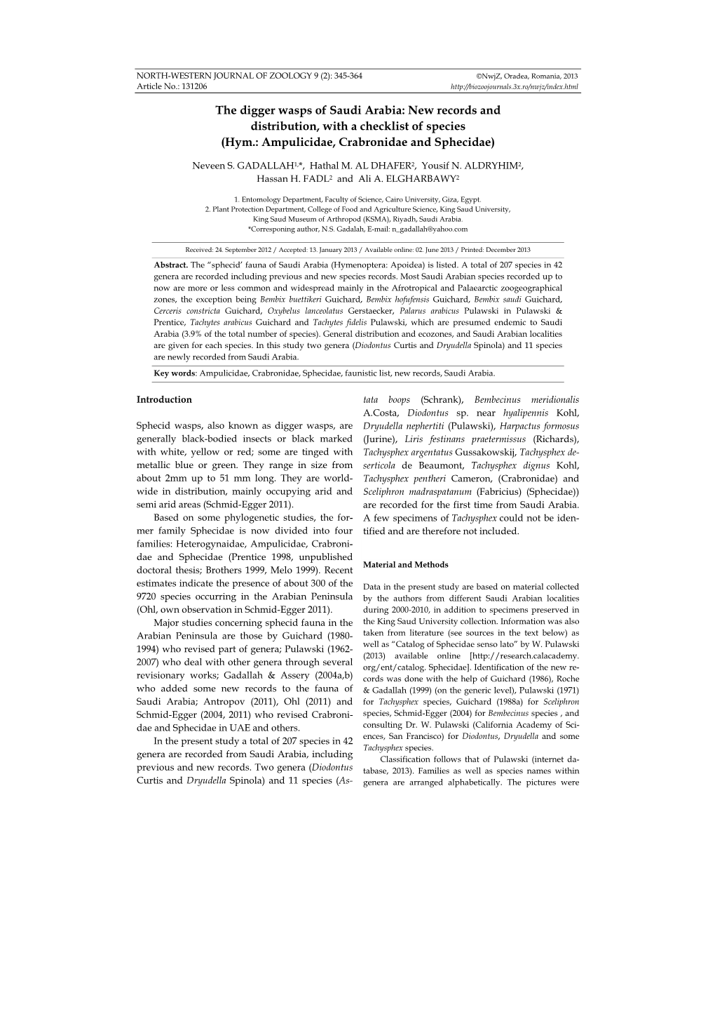 The Digger Wasps of Saudi Arabia: New Records and Distribution, with a Checklist of Species (Hym.: Ampulicidae, Crabronidae and Sphecidae)