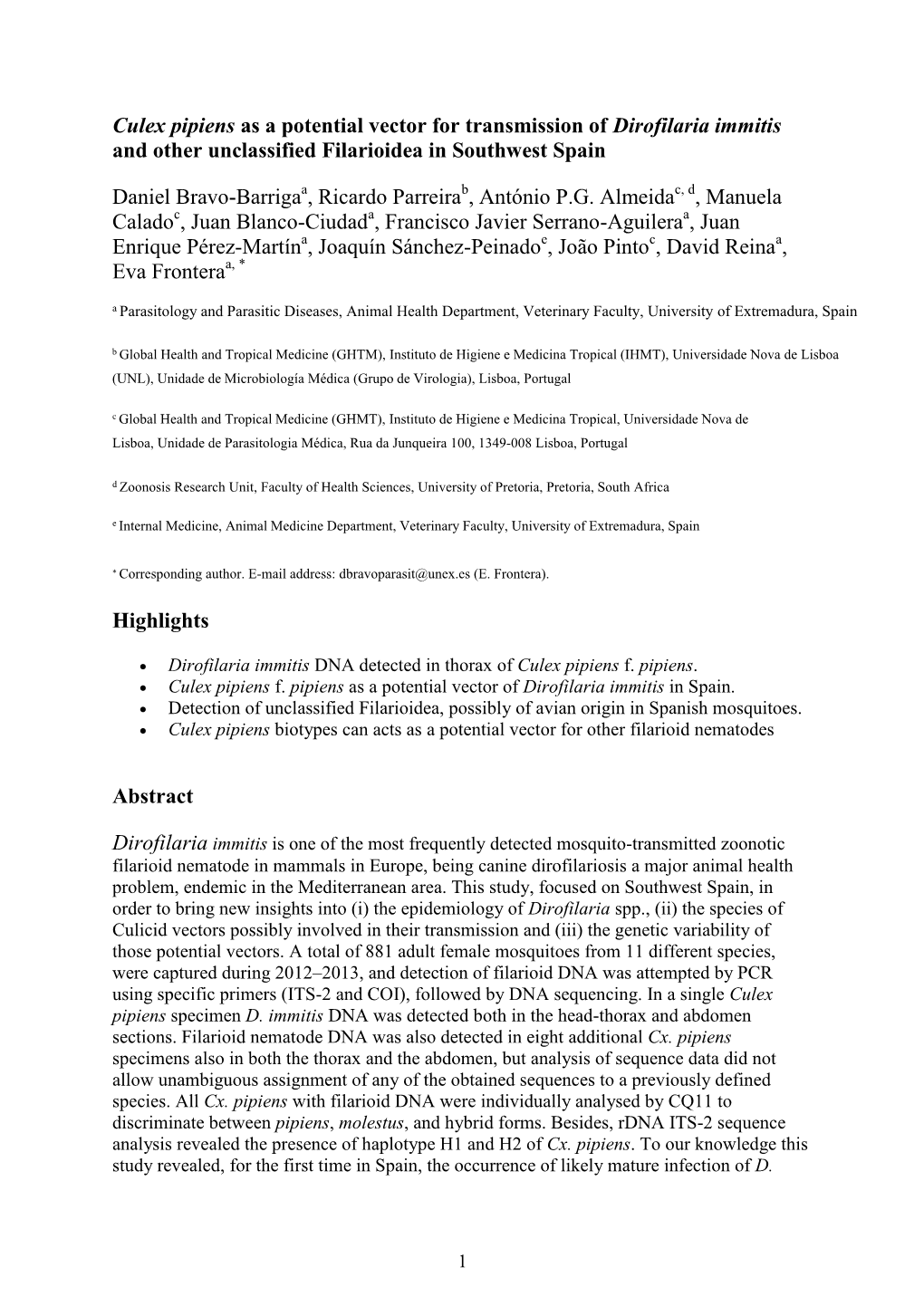 Culex Pipiens As a Potential Vector for Transmission of Dirofilaria Immitis and Other Unclassified Filarioidea in Southwest Spain