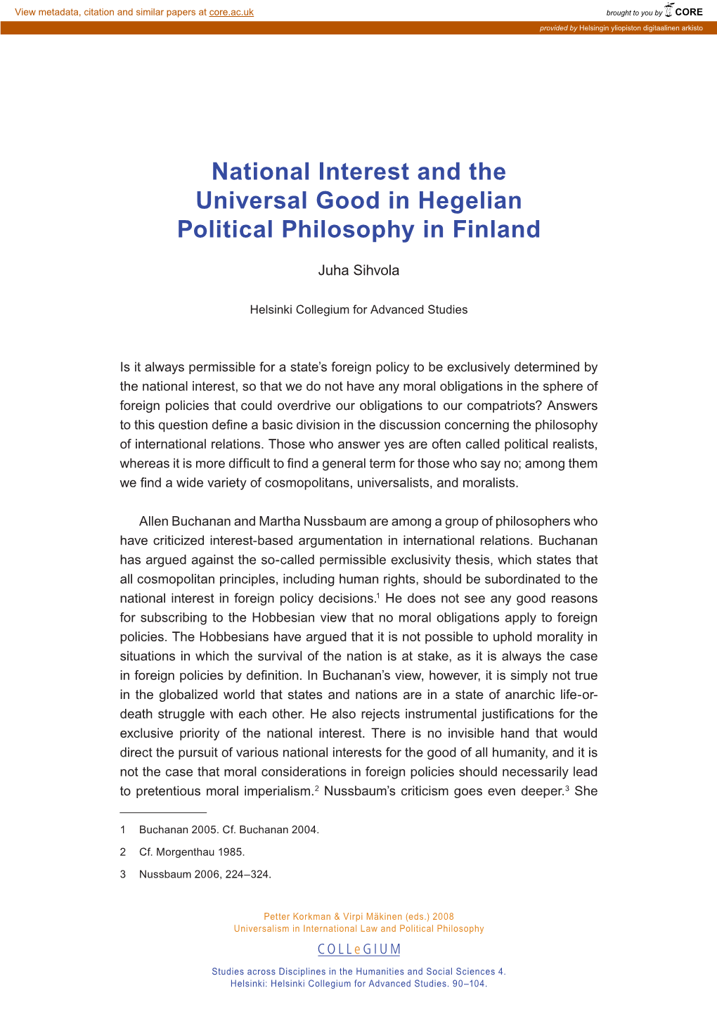 National Interest and the Universal Good in Hegelian Political Philosophy in Finland