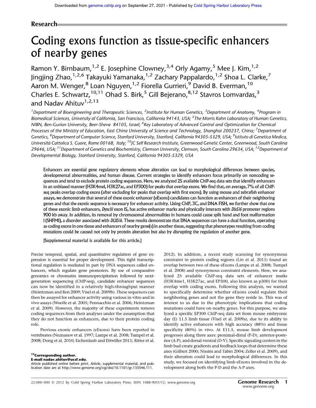 Coding Exons Function As Tissue-Specific Enhancers of Nearby Genes