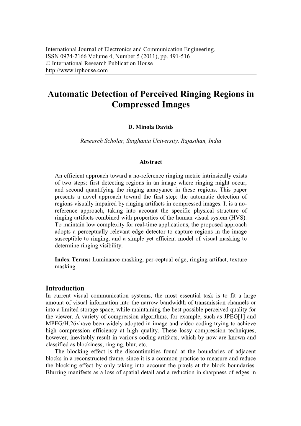 Automatic Detection of Perceived Ringing Regions in Compressed Images