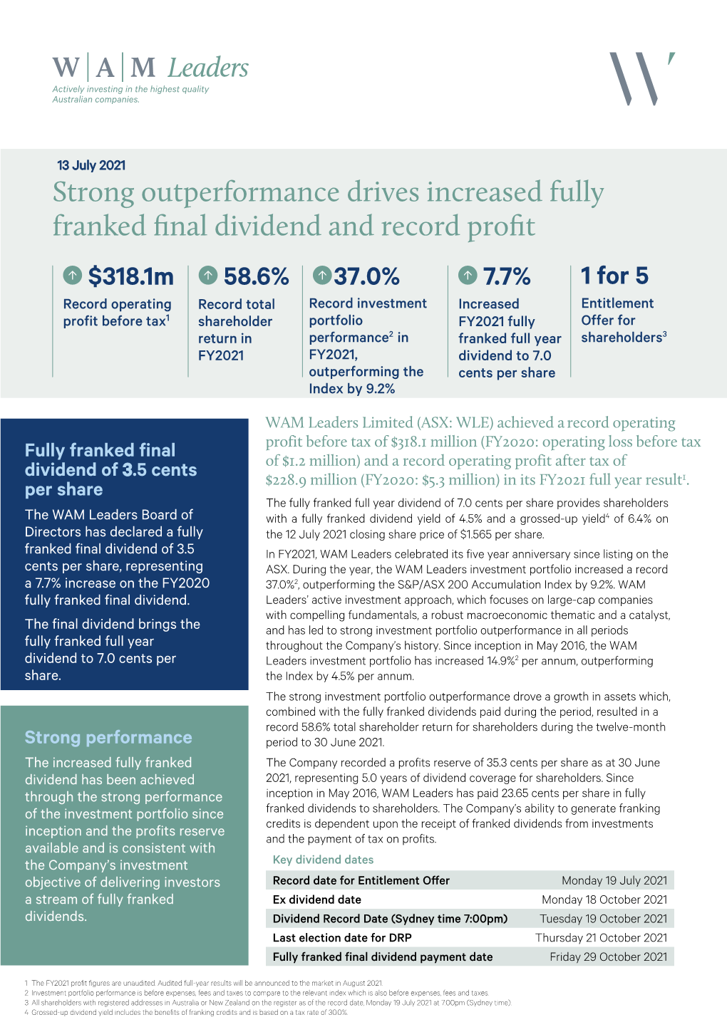 Strong Outperformance Drives Increased Fully Franked Final Dividend and Record Profit