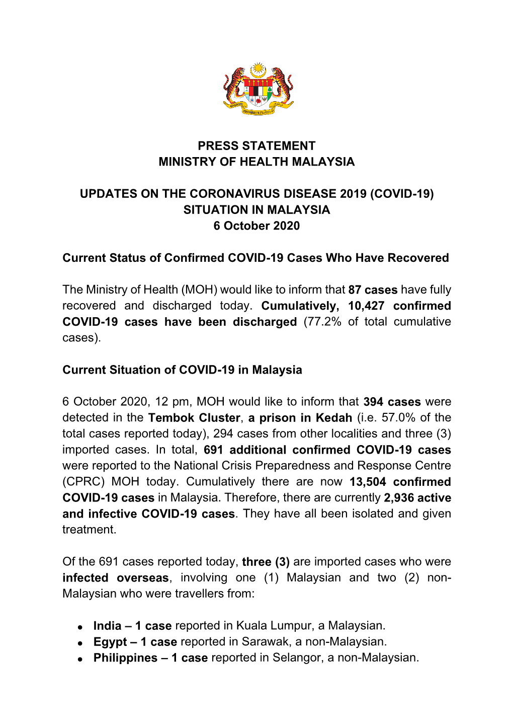 (COVID-19) SITUATION in MALAYSIA 6 October 2020