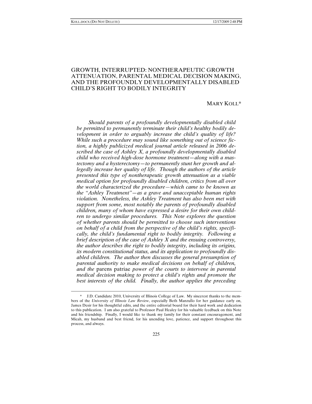 Nontherapeutic Growth Attenuation, Parental Medical Decision Making, and the Profoundly Developmentally Disabled Child’S Right to Bodily Integrity