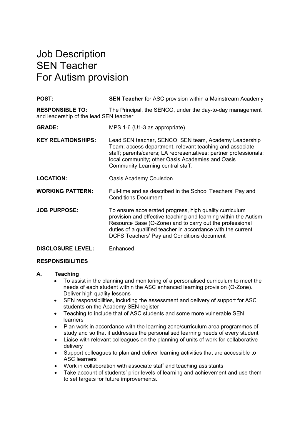Job Description SEN Teacher for Autism Provision